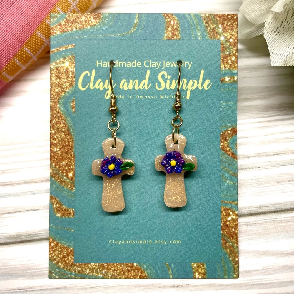 Clay and Simple violet flower cross earrings